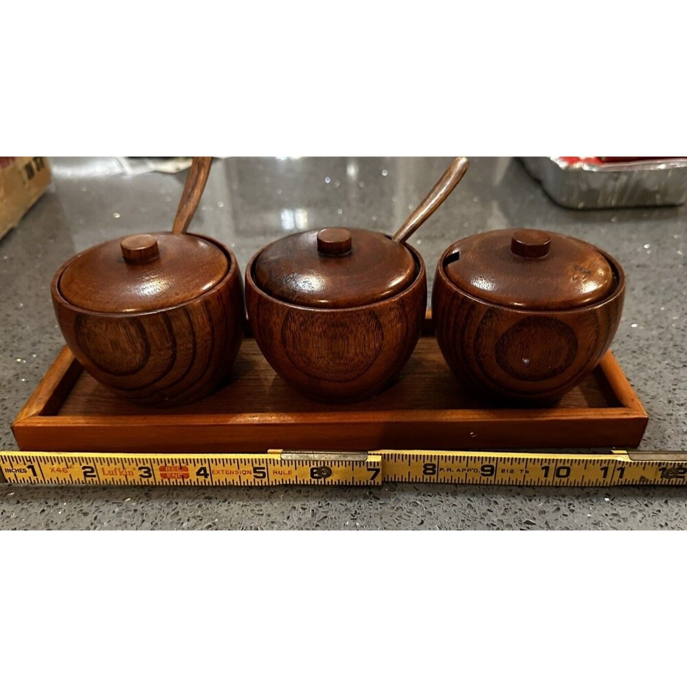 Teak Set Of Three Solid Wood Spice Jar Sugar Bowls Seasoning Box Midcentury MCM